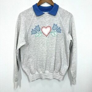 Vintage 80s Collared Grannycore Sweater‎ Grey Hearts & Tulips Embroidered Size L